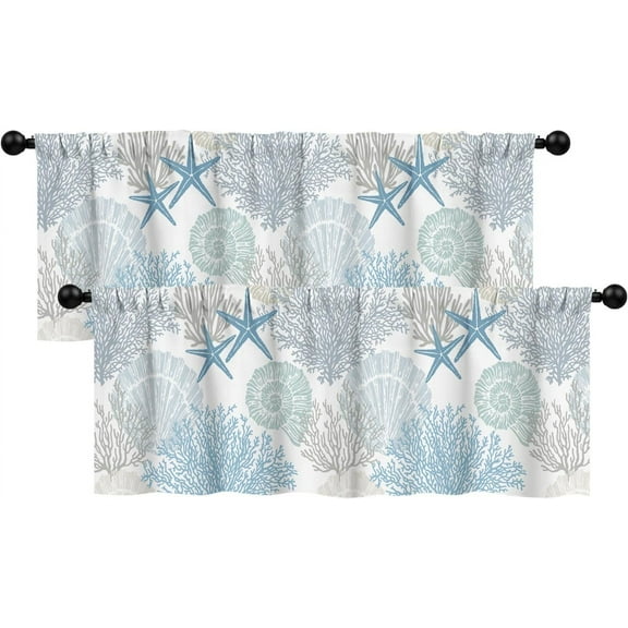 Light Blue Valances for Windows 2 Pack, Sea Shells Starfish Coral Valance Curtains, Hand Drawn Decorative Valance Rod Pocket Window Treatments for Living Room, Bedroom, Kitchen, 52" W x 18" L
