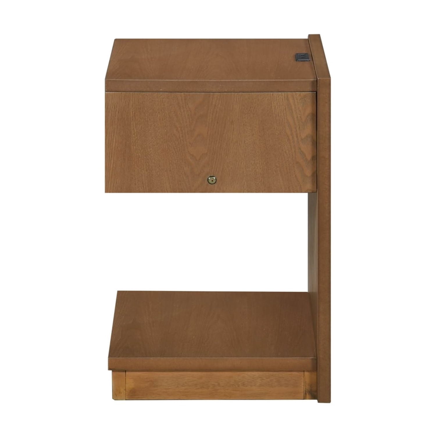 Modern End Table with Drawer, Open Shelf & USB Port Brown Wood Finish