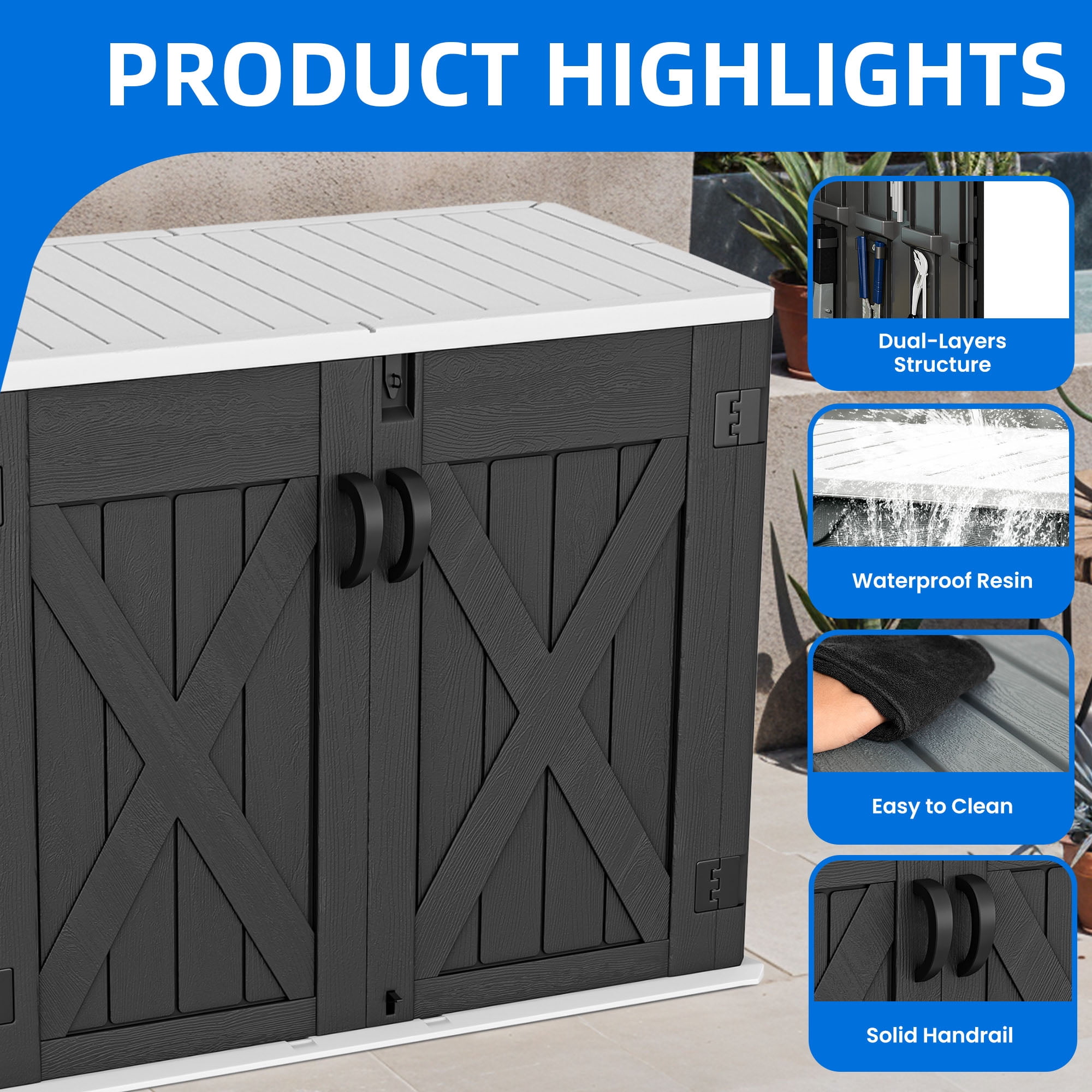 Dextrus 35 Cu ft Outdoor Horizontal Storage Shed with x-Shaped Lockable Door, Weather Resistant Resin Tool Shed