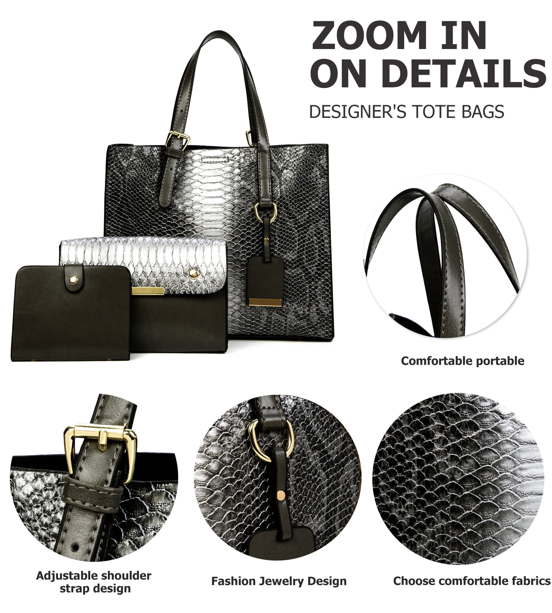 Women's Crocodile Pattern Tote Bags Stylish Handbags Satchels Purses and Wallets For Women 3 Pcs Set
