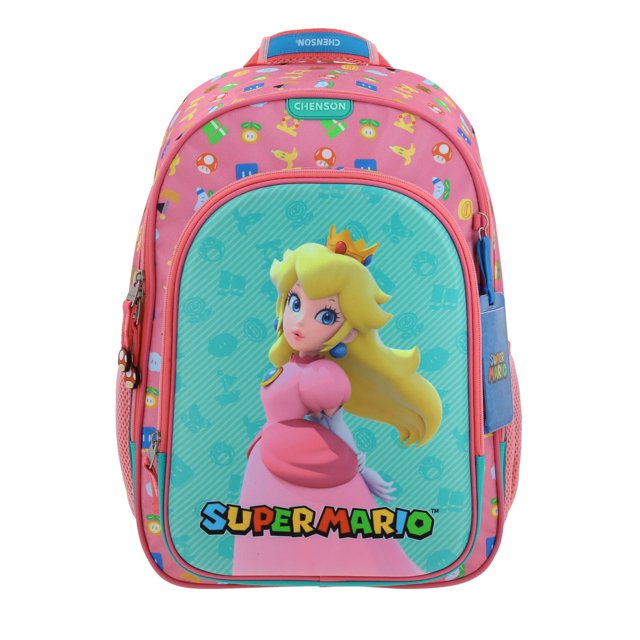 mochila grande mario bros chenson shaw mochila escolar rosa con panel frontal acolchado que muestra a la princesa Peach y logotipo Super Mario. Cuenta con bolsillo frontal con cierre, compartimento principal con cierre doble, bolsillos laterales de malla y tirantes ajustables; marca Chenson en la parte superior.