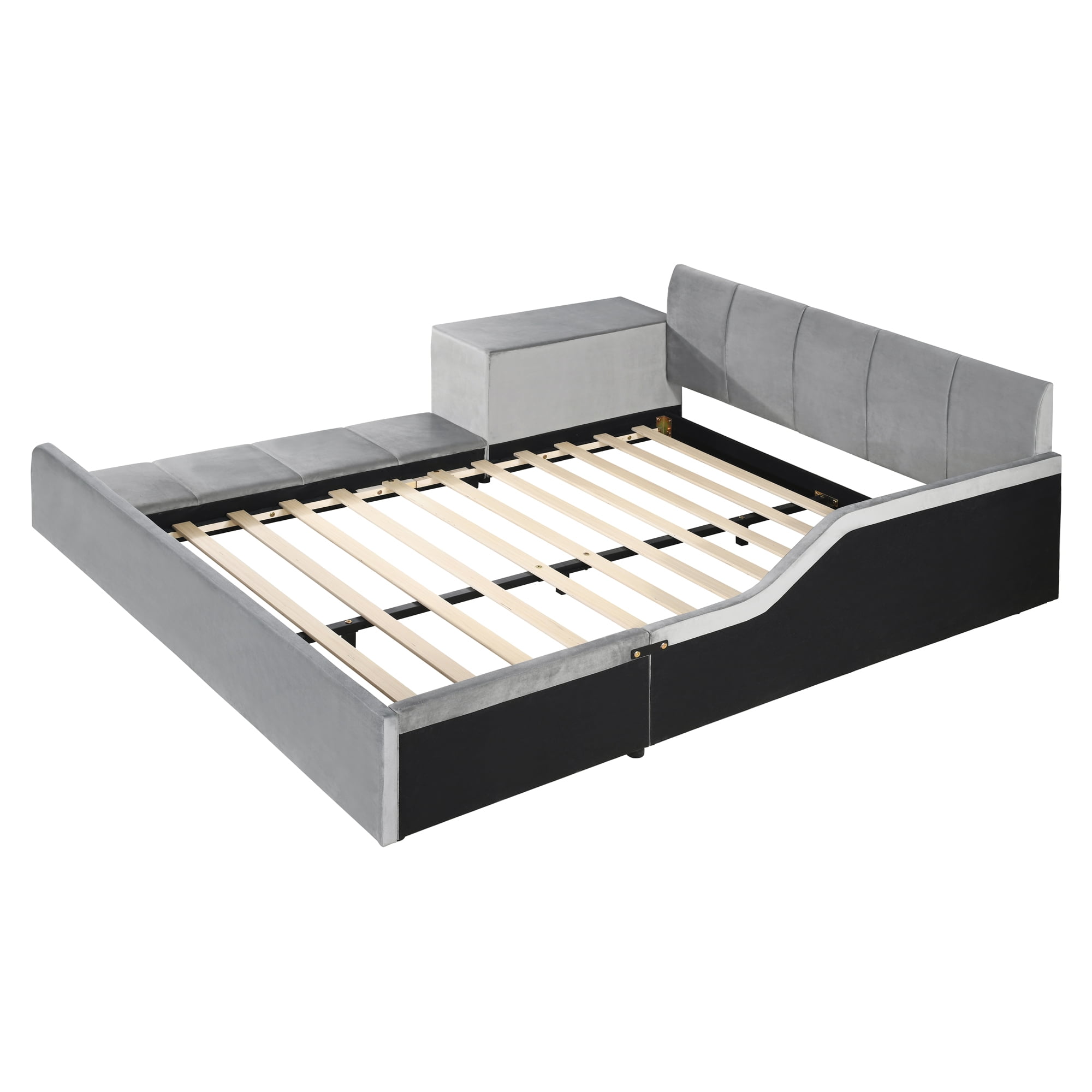 Aukfa Full Size Velvet Upholstered Mother & Child Bed Frame, Grounded Platform Bed with Bedside Desk & Round Stool, Floor Bed for Kids & Adults Bedroom, Gray