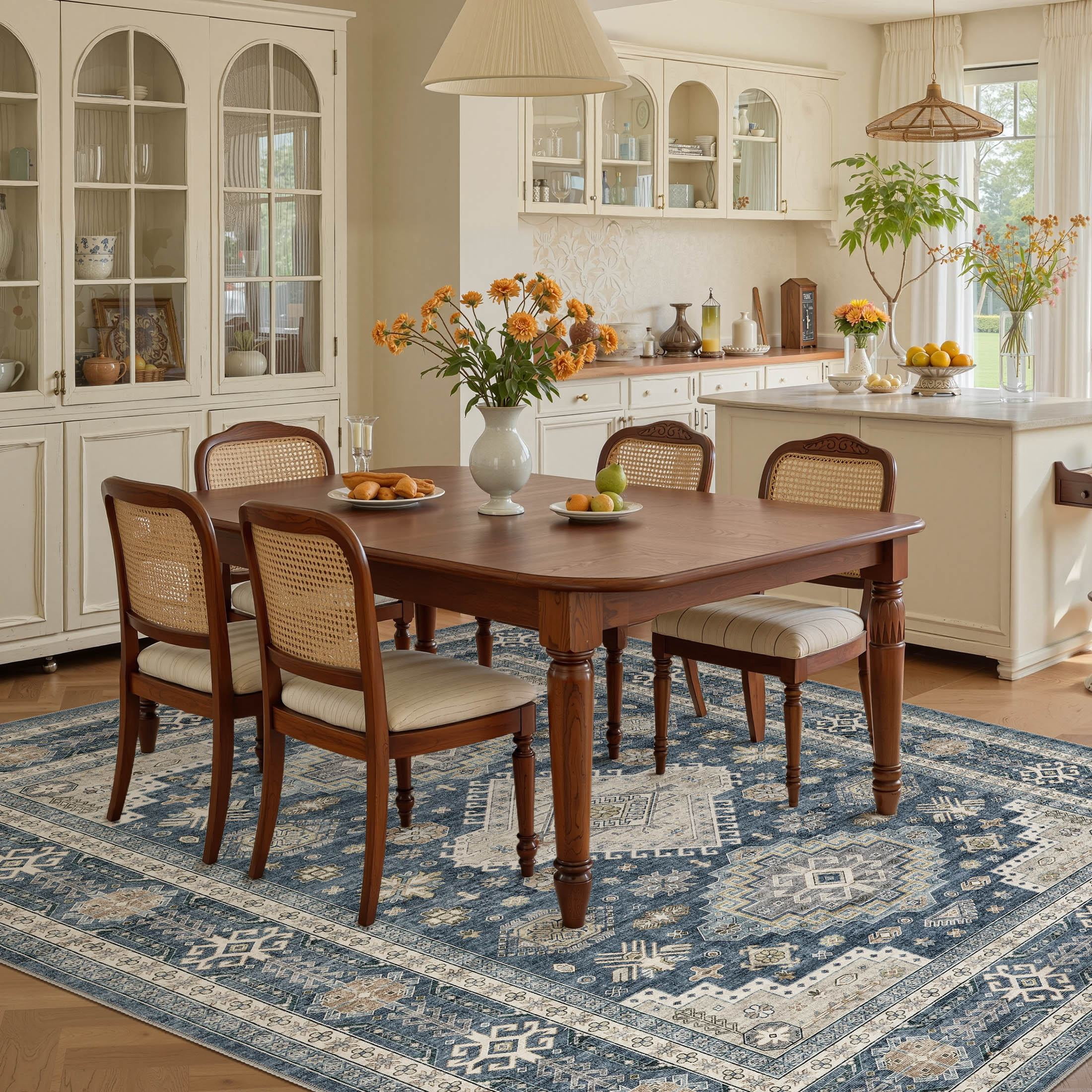 UERMEI 6'x9' Washable Area Rugs for Living Room, Modern and Vintage Non Slip Carpet, Low Pile Indoor Rug for Bedroom Home Decor Carpets, Blue