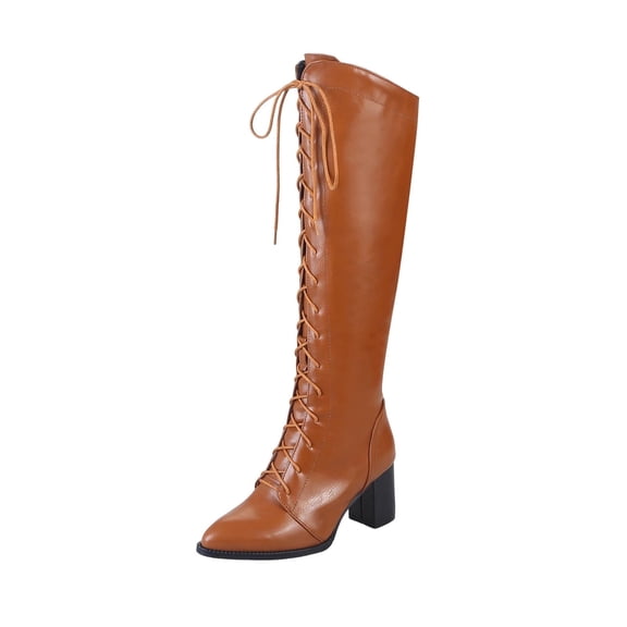 Xfvqtps Womens Lace up Knee High Boots Winter Fashion Pointed Toe Booties Chunky Block Heel Back Zipper Comfortable Casual Boots