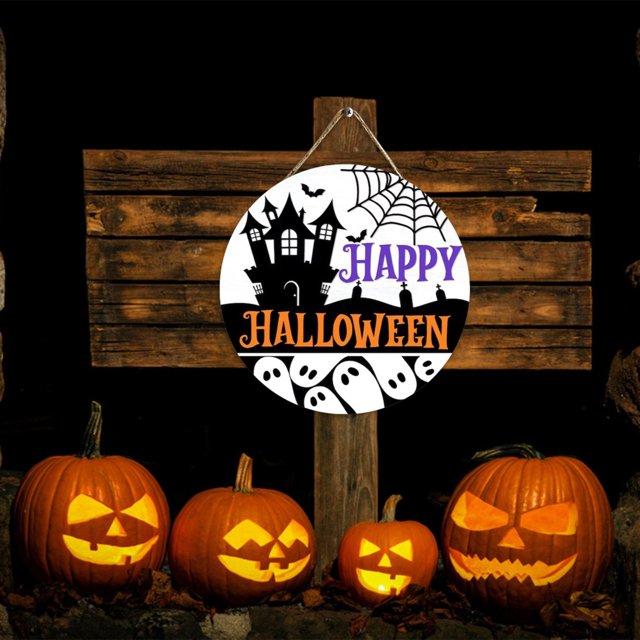 WHEANG Halloween Decorations Door Sign 12 Inch Rustic Happy Wooden Hanging Sign For Front Door Wreath With Bow Party Indoor Outdoor Decor Home