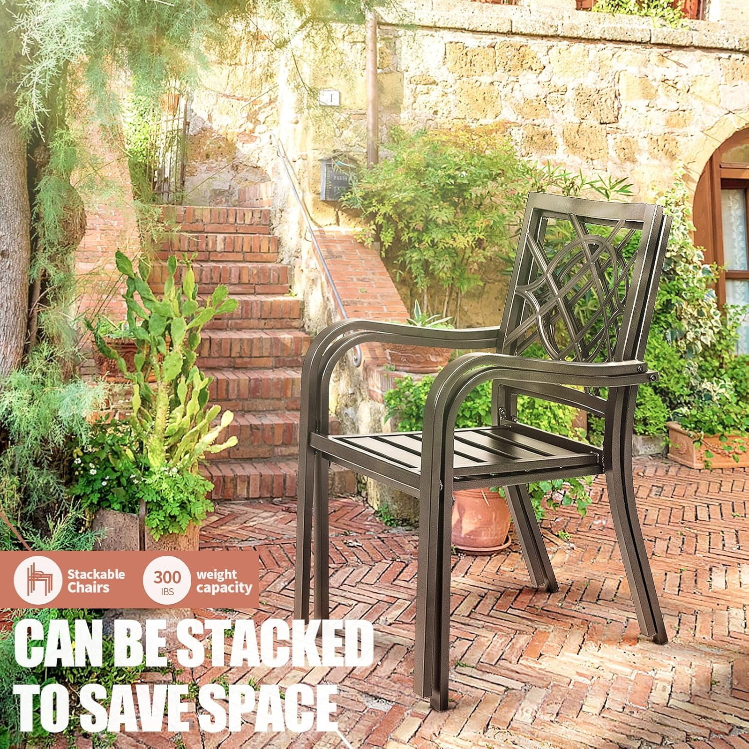 SUNCROWN 4 Pieces Wrought Iron Chairs Outdoor Dining Chairs Patio Metal Stack Chair for Backyard Garden