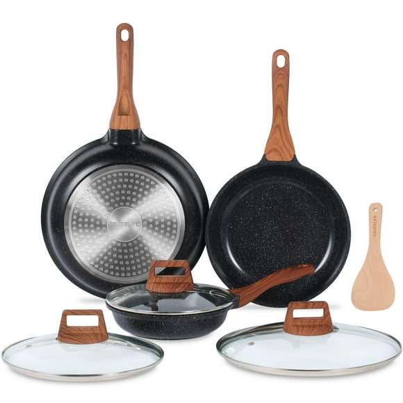 ESLITE LIFE - Juego de sartenes antiadherentes de cerámica con tapa, no tóxicas, para tortillas de huevo, compatibles con todo tipo de cocinas (gas, eléctricas e inducción), sin PTFE ni PFOA (negras)