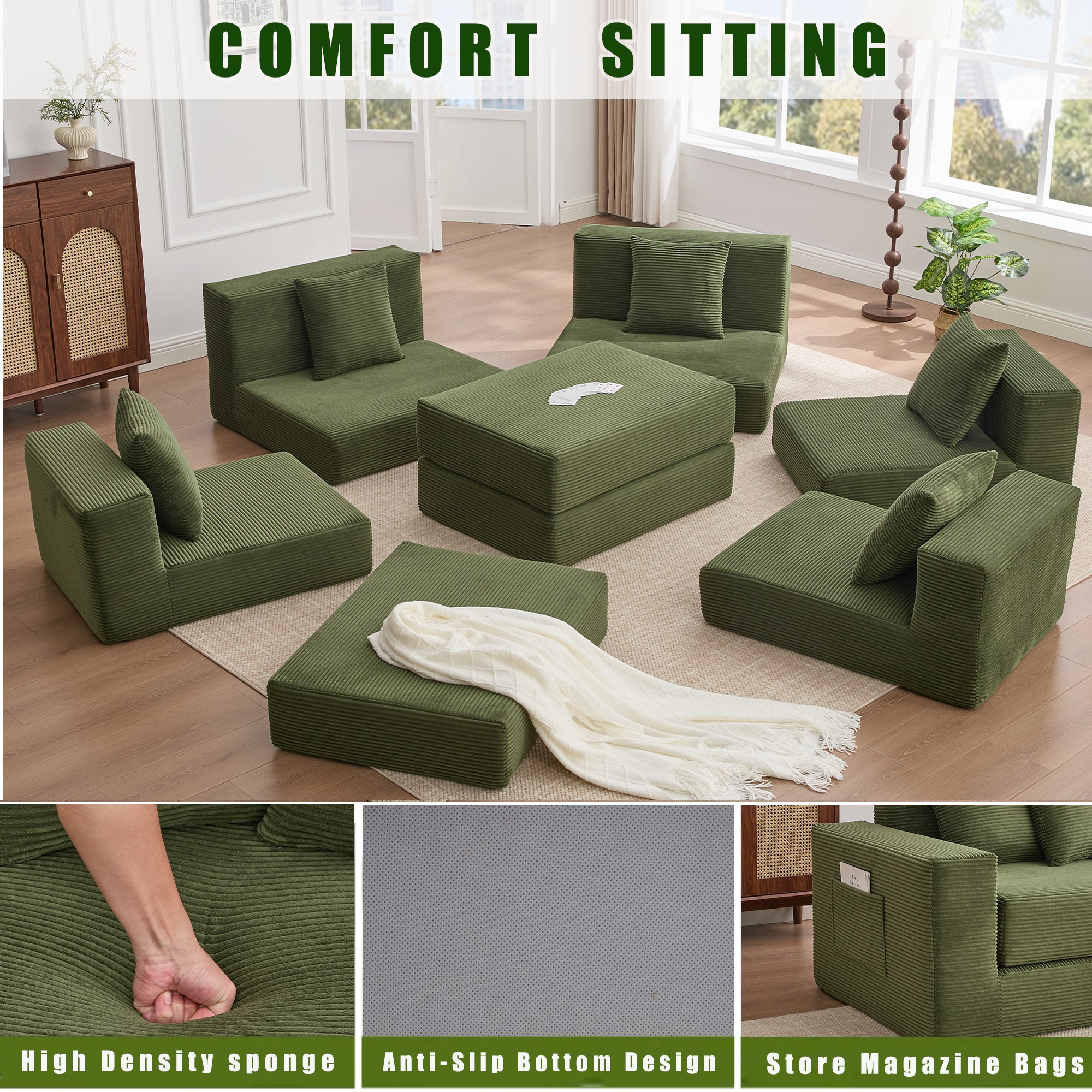 Leumius Convertible Sectional Sofa,Corner Couch,Convertible Floor Sleeper Sofa,10-in-1 Corduroy Modular Sofa,Free Combination Sofa,No Assembly,6 Pillows,Green