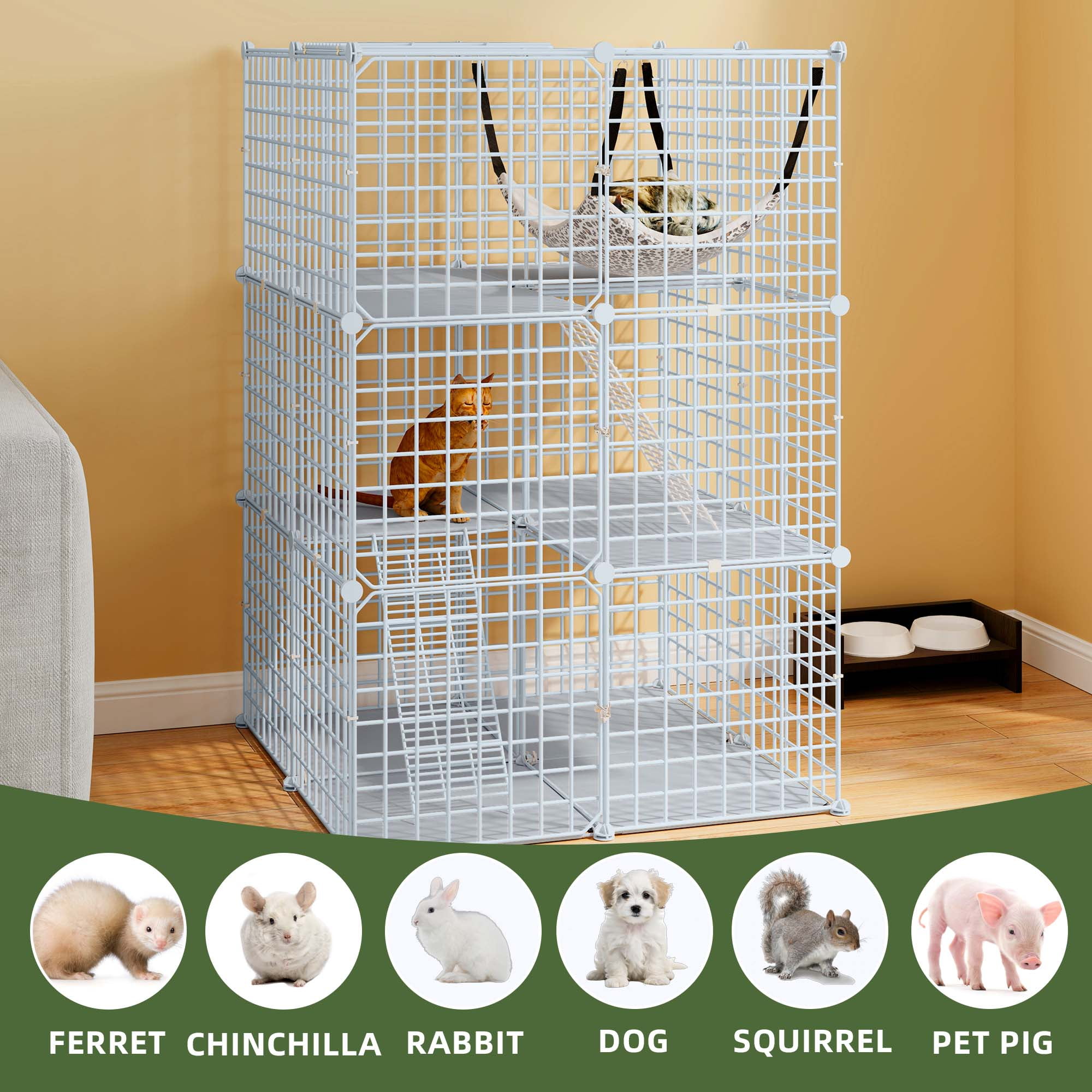 Uforic 41" Large 3-Tier Cat Cage with Extra Large Hammock - Indoor Metal Playpen for 1-2 Cats, White