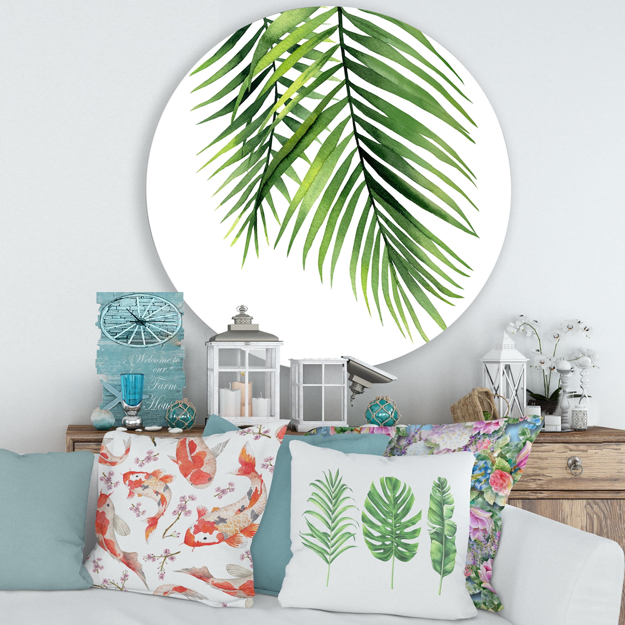 Designart 'Tropical Palm Branches' Tropical Circle Metal Wall Art 29x29 - Disc of 29