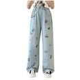 thumbnail image 2 of MKOSPLRT Girls Jeans Elastic Waist Funny Jeans Baggy Straight Wide Leg Jeans Cute Floral Embroidery Denim Pants Lounge Jeans with Pocket, 2 of 8