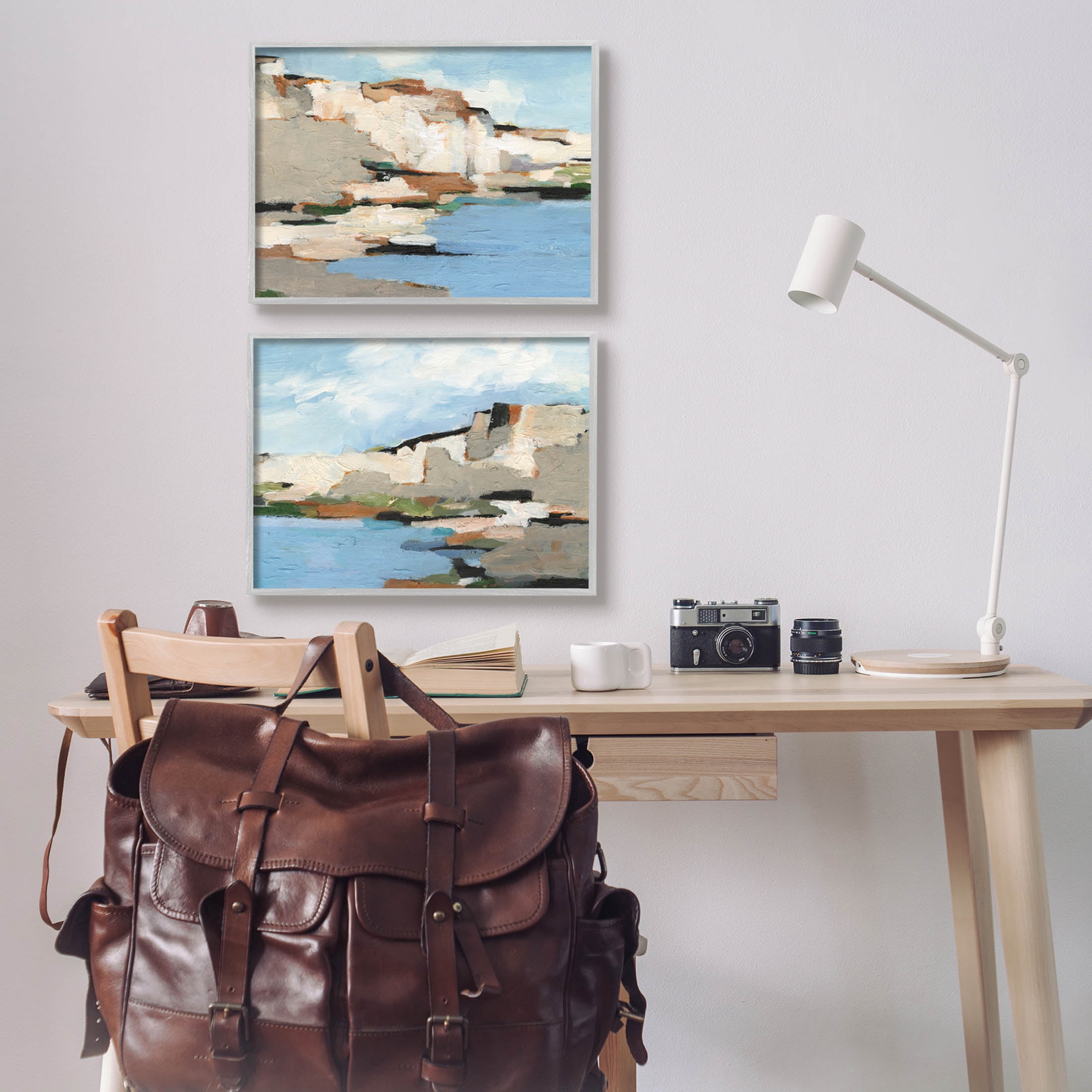 Seaside Cliff Modern Landscape Landscape Painting Gray Framed Art Print Wall Art, Set of 2