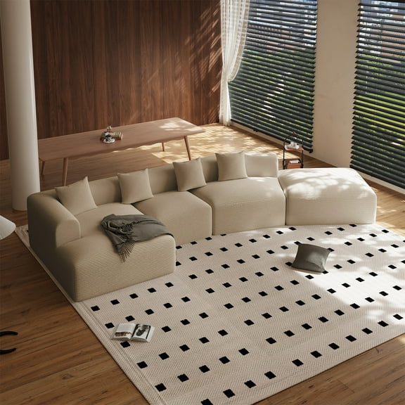 Wiilayok 158" Cloud Sectional Couch with L-Shape Chaise,Corduroy Fabric Modern Modular Sofa, Oversized Boneless Upholstered Couches for Living Room Bedroom, No Assembly Required, Light Brown