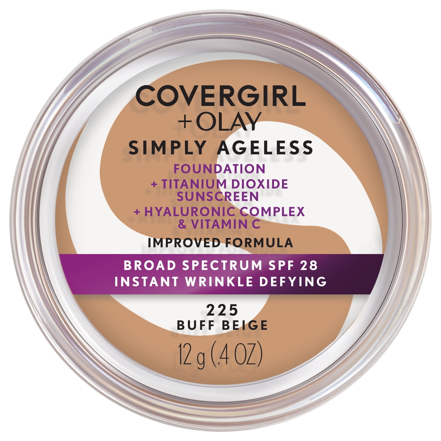 COVERGIRL + OLAY Simply Ageless Instant Wrinkle-Defying Foundation with SPF 28, Buff Beige 225, 0.44 oz, Hydrating Anti-Aging Foundation, Cruelty-Free Foundation, Hyaluronic Complex for Firm Skin