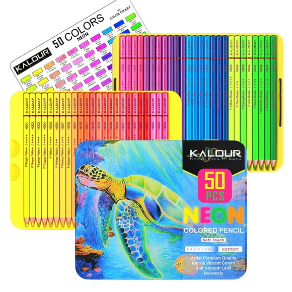 Juego de lápices de colores Neon, 50 unidades, con estuche de almacenamiento, madera y metal