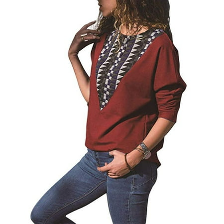 Printed Crewneck Sweatshirt - Women Crewneck Long Sleeve Ethnic Printed Pullover Sweatshirts Top