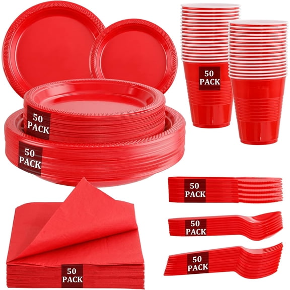 350PCS Red Disposable Plastic Plates,Red Dinnerware Set Includes 50 Dinner Plates, 50 Salad Plates, 50 Sets of Silverware, 50 Napkins and 50Pcs 12OZ Plastic Cups Red