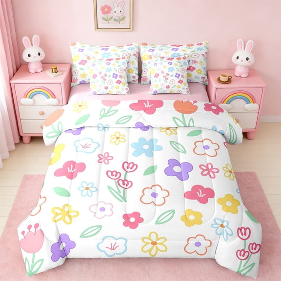 Manfei Colorful Floral Twin Bedding Sets 7-Piece,Rainbow Graffiti Flower Bedding Comforter Set,Cartoon Plant Daisy Sheet Sets For Girls,Luxury Bedroom Decor,Reversible