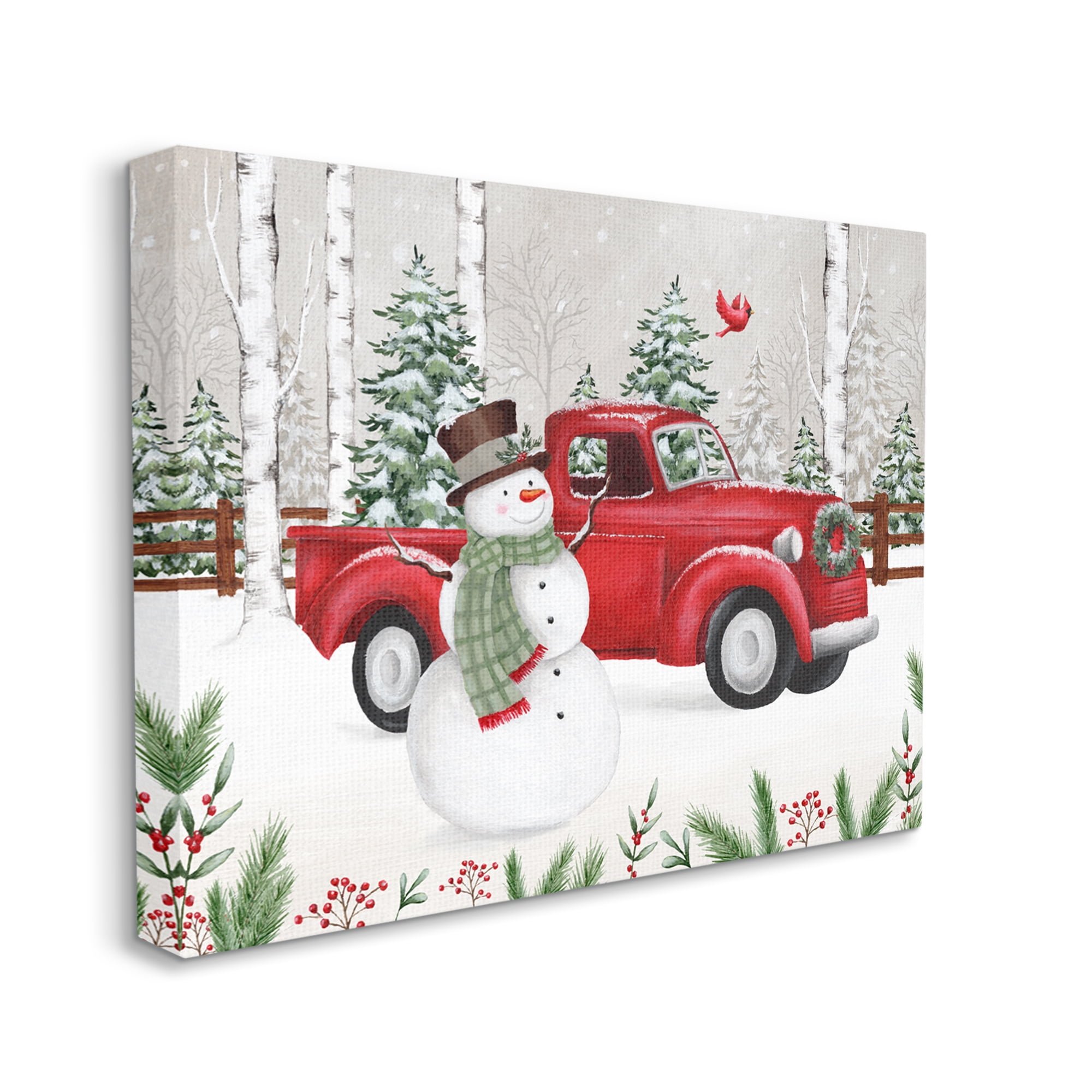 Winter Wonderland Snowman Cardinal Snowy Red Truck Transportation Painting Gallery-Wrapped Canvas Print Wall Art