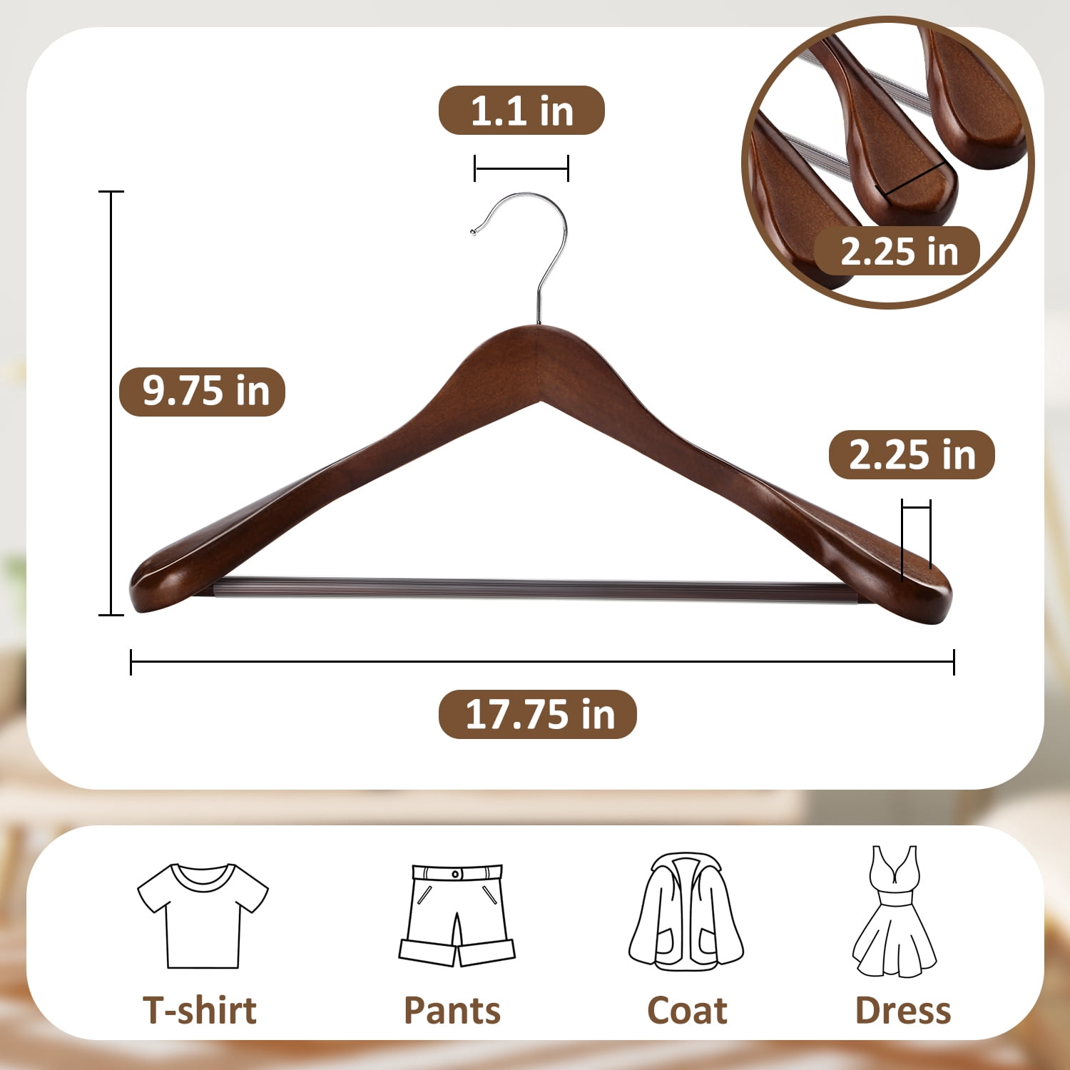 BagDream 8 Pack Wide Shoulder Wooden Hangers Coat Hangers with Non Slip Pants Bar, Solid Wood Jacket Clothes Hangers Smooth Finish for Sweater, Pants, Heavy Clothes, Walnut