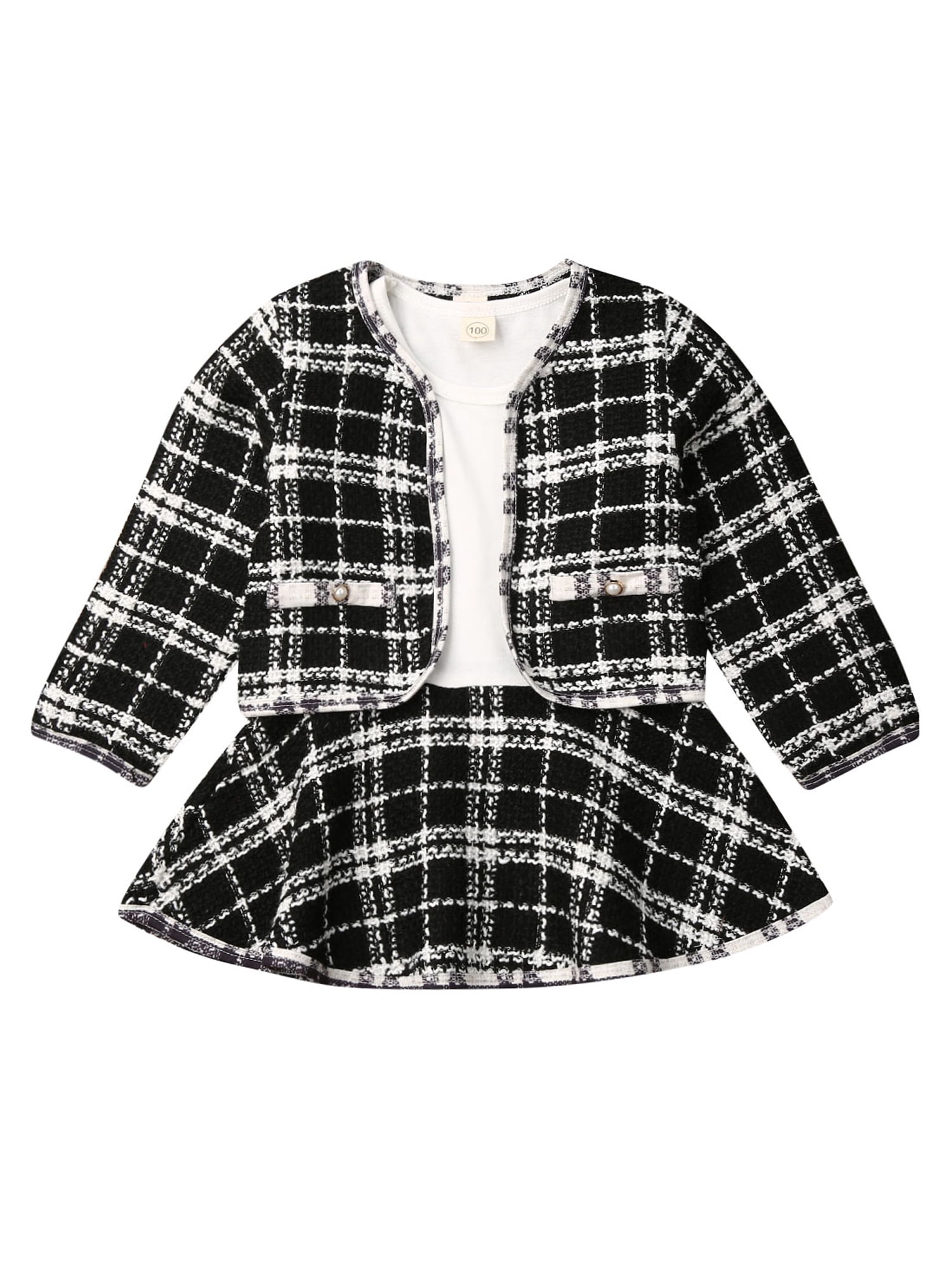 Toddler Kids Baby Girls Outfit Clothes Plaid Knitted Sweater Coat Tops Skirt Set 