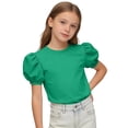 thumbnail image 4 of Girls Cute Puff Short Sleeve Shirts Kids Summer Casual Crewneck Solid Color Blouse Tops 2026 Fashion Tunic Tees 5-15Y, 4 of 6