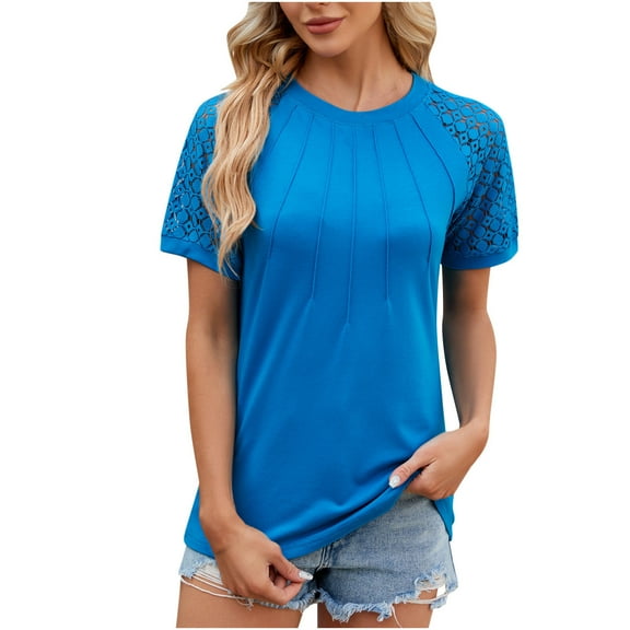 Women Lace Short Sleeve T Shirt Summer Dressy Casual Tops Solid Crewneck Tee Elegant Pleated Blouse