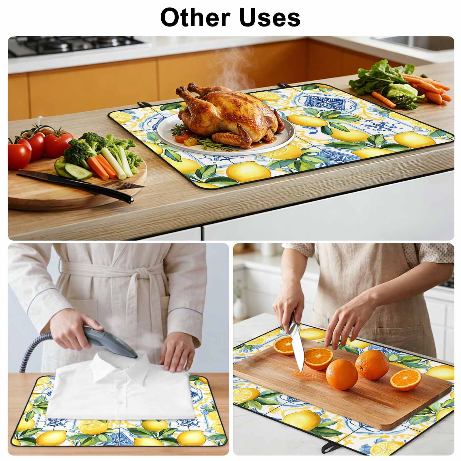 Botanical Lemon Stove Top Cover for Electric Stove, Heat-proof & Non Slip Glass Top Stove Cover Protector, Spring Countryside Floral Blue Tile Kitchen Flat Cooktop Rubber Mat 24x21 Inches