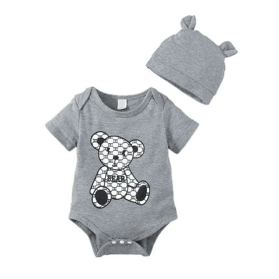Mikrdoo Newborn Boys Clothes 1 Months Baby Boys Bear Print Summer Short Sleeve 3 Months Baby Boys Round Neckline Bodysuits With Hat 2Pcs Romper Set Gray