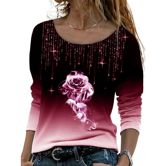 DYMADE Women Plus Size Long Sleeve Loose Round Neck Casual Pullover Rose Print T-Shirt