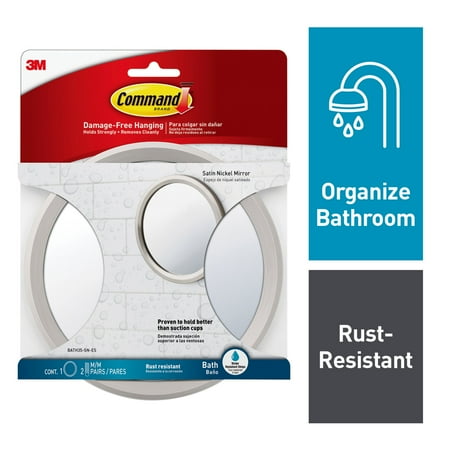 Fogless Suction Cup Mirror - Command Bath Mirror, Satin Nickel, 1 Mirror, 2 Sets of Medium Water-Resistant Strips/Pack