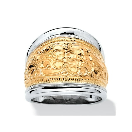 - 14k Yellow Gold-Plated Sterling Silver Two-Tone Scroll Motif Cigar Band Ring