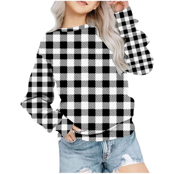 GigrtiJin Girls Oversized Plaid Sweatshirt Long Sleeve Round Neck Fashion Pullover Blouse Kids Casual Comfy Loose Tops