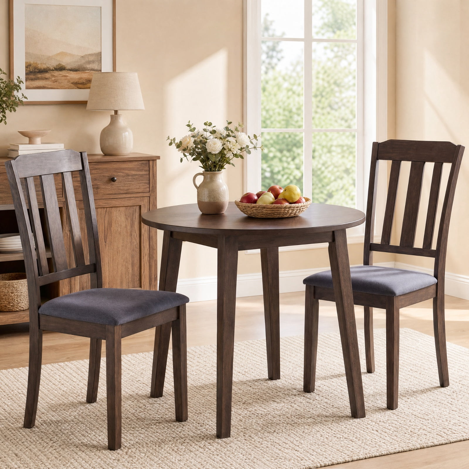 Furnibear Set of 2 Rubber Wood Dining Room Chairs with Padded Faux Linen Seat and Curved Backrest for Kitchen and Dining Room, Brown
