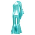 thumbnail image 5 of Aiihoo Kids Girls Shiny Metallic One Shoulder Flare Sleeve Dance Jumpsuit Unitard Bodysuit Blue Green 12, 5 of 7