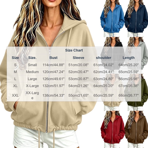 Edvintorg Womens Jacket Loose Long Sleeve Zip up Coat Drawstring Casual Hooded Outerwear with Pocket Womans Clothes S-2XL Red