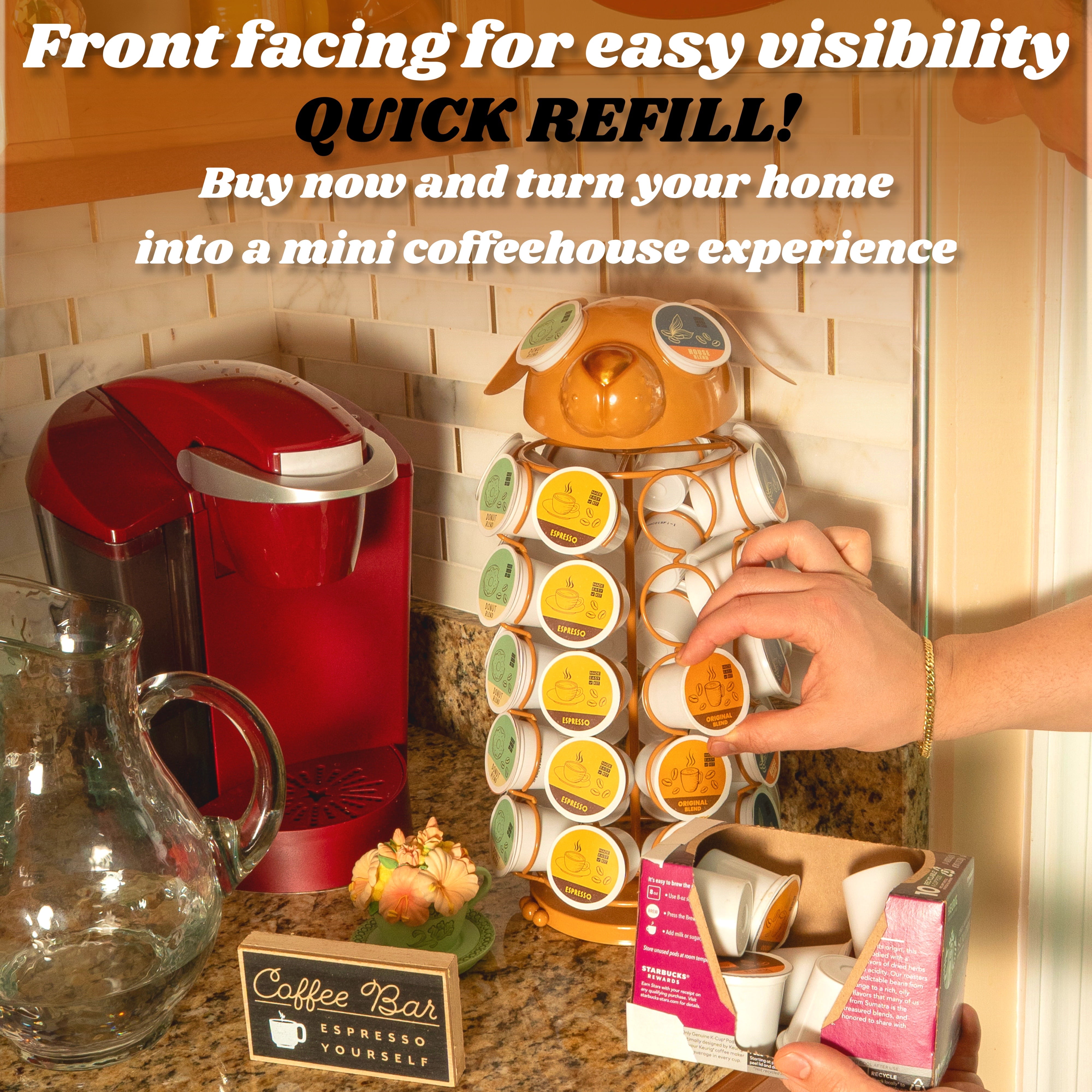 Made Easy Kit Carousel Coffee Pod Holder, Compatible with Keurig K-Pods K-Cups, Countertop Rack Storage Organizer, Metal Home and Kitchen Decor, Capsule Café Station Bar