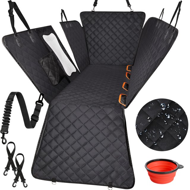 Heavy-Duty Waterproof Dog Back Seat Cover - Durable 600D Polyester, Scratchproof Non-Slip w/Mesh Window, Quilted Design, Safety Harness & Rope Included, Fits Cars/Trucks/SUVs, Elevated Pet Seat