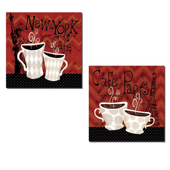 Eiffel Tower Paris and Statue of Liberty New York Coffee Set by Veronique Charron; Kitchen Decor; Two 12x12in Paper Poster