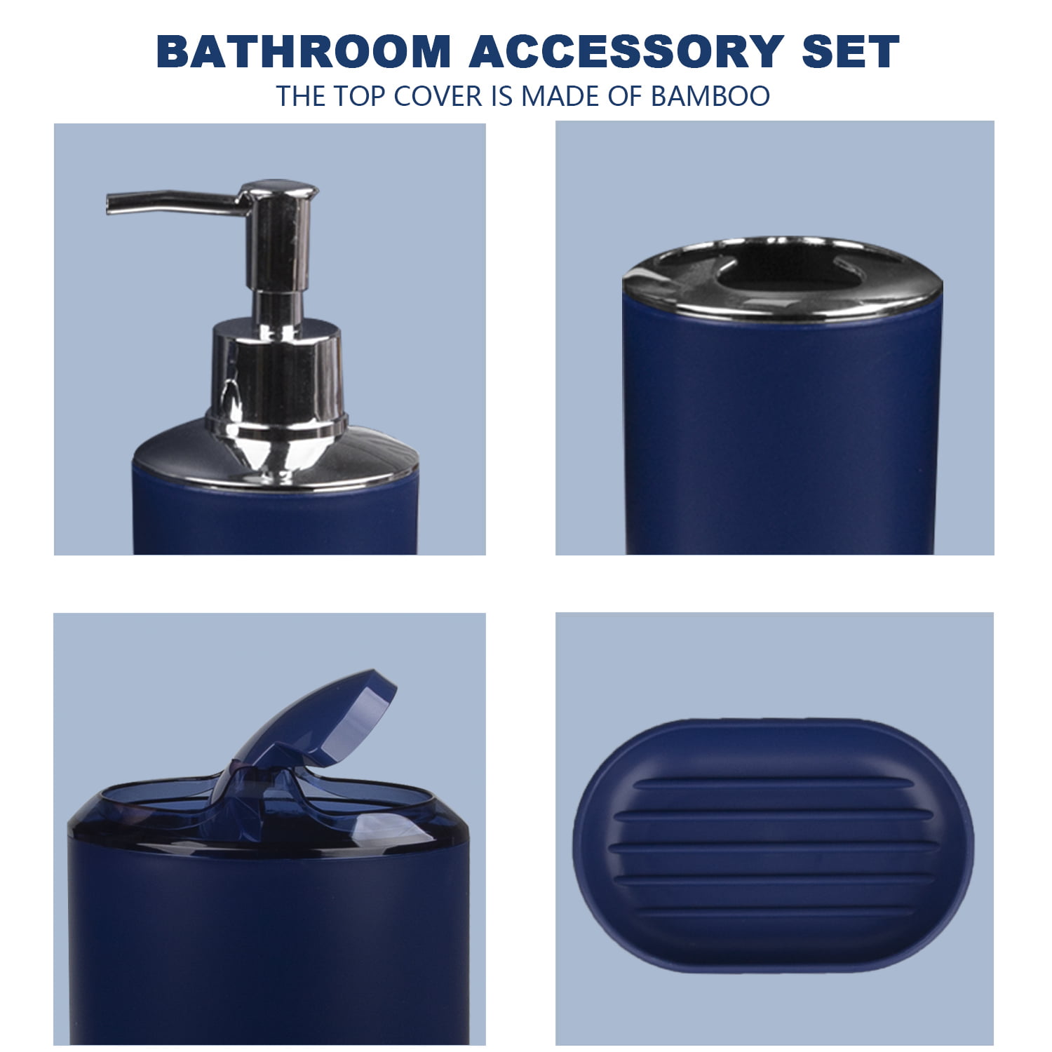 iMucci 8Pcs Navy Blue Bathroom Accessories Set - with Trash Can