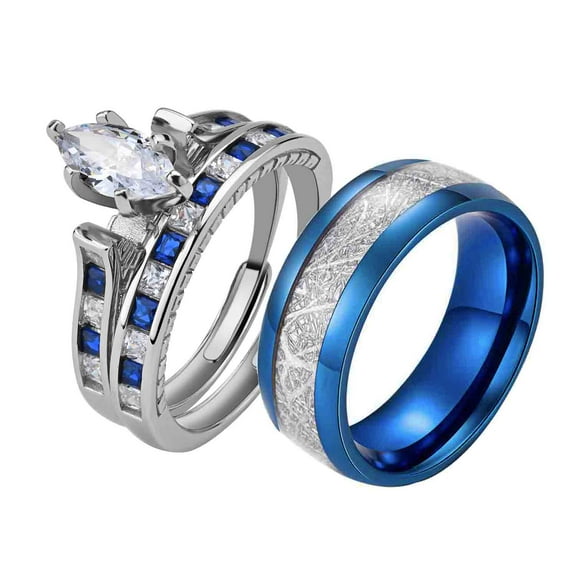 Adjustable size Wedding Ring Sets His And Hers Couples Women 925 Sterling Silver Blue Cz Man Tungsten Carbide Wedding Bands