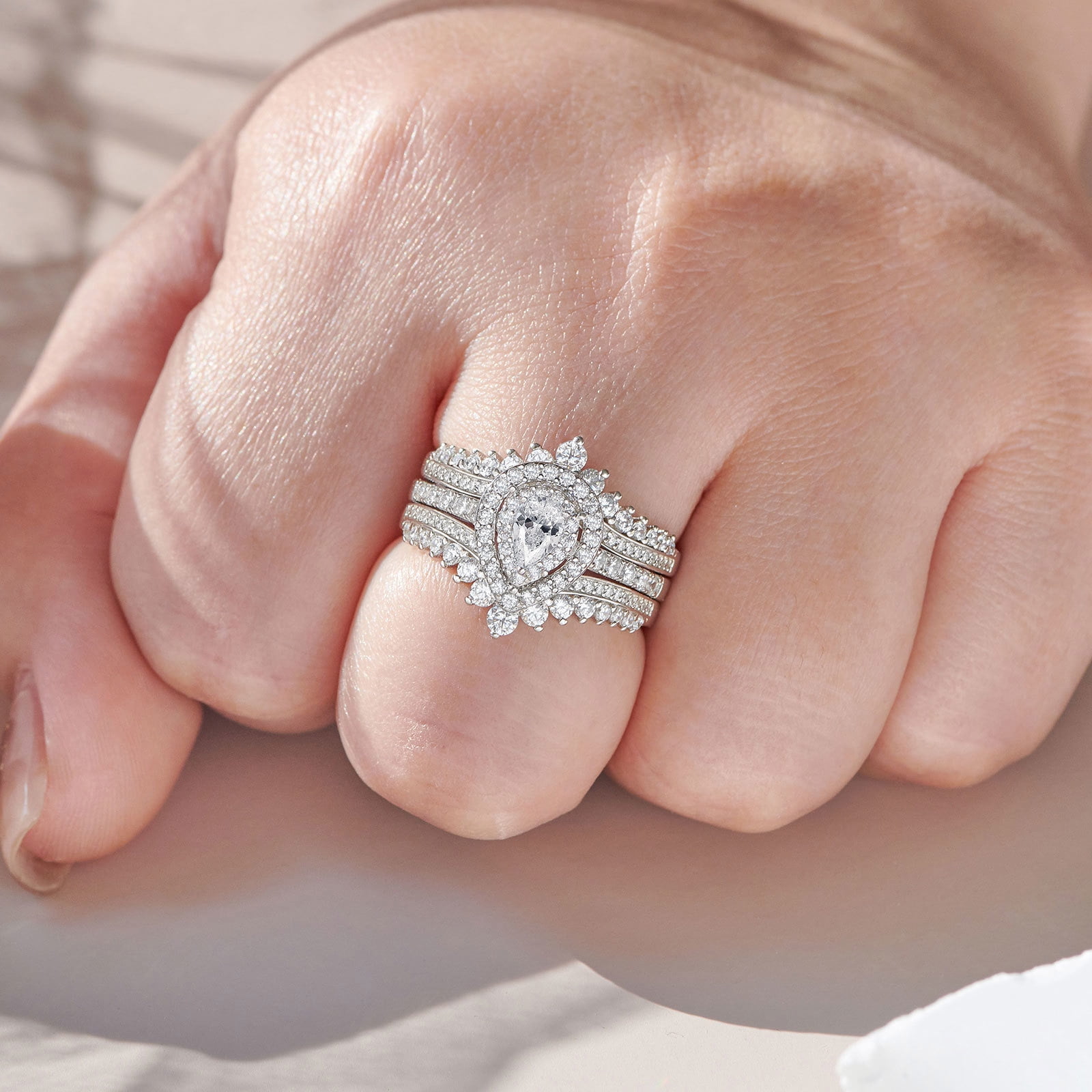 Newshe Jewellery 3 Ct Moissanite Wedding Rings Set Pear Cut Engagement Rings for her Bridal Ring Enhancer Size 7