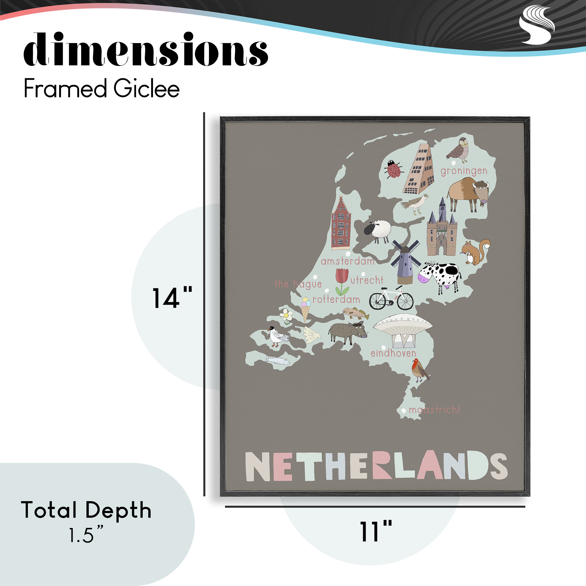 Kid's Map of Netherlands Black Framed Giclee Art, design by Carla Daly