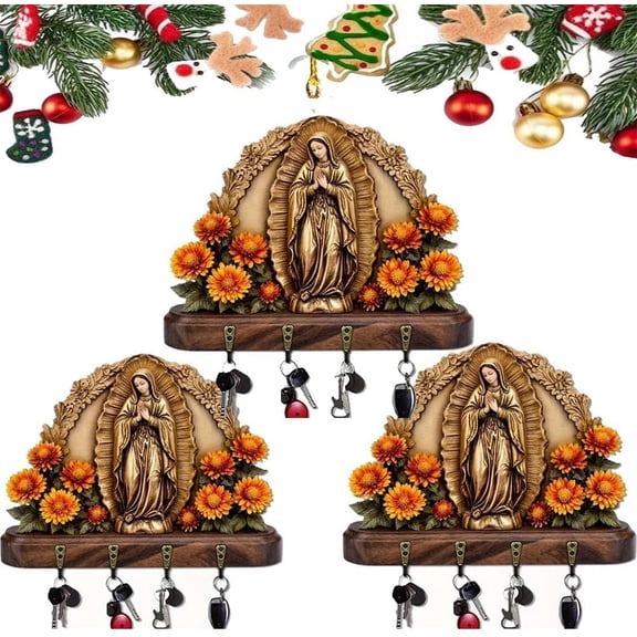 Leutsin Our Lady of Guadalupe Sacred Wall Key Holder - Communion Farmhouse Virgin Mary Wall Art with 4 Metal Hooks for Entryway,Rustic Mount Housewarming Gifts,Christian Gifts for Family and Friends