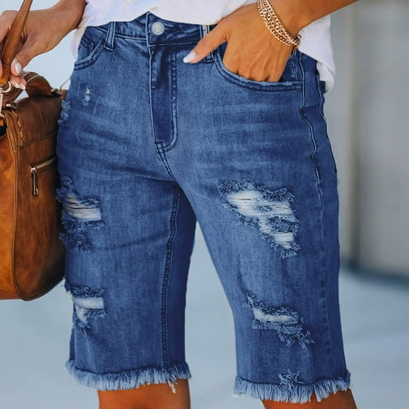 Ovticza Women's Ripped Mid-Rise Denim Bermuda Shorts Frayed Raw Hem Stretch Jean Shorts Blue S