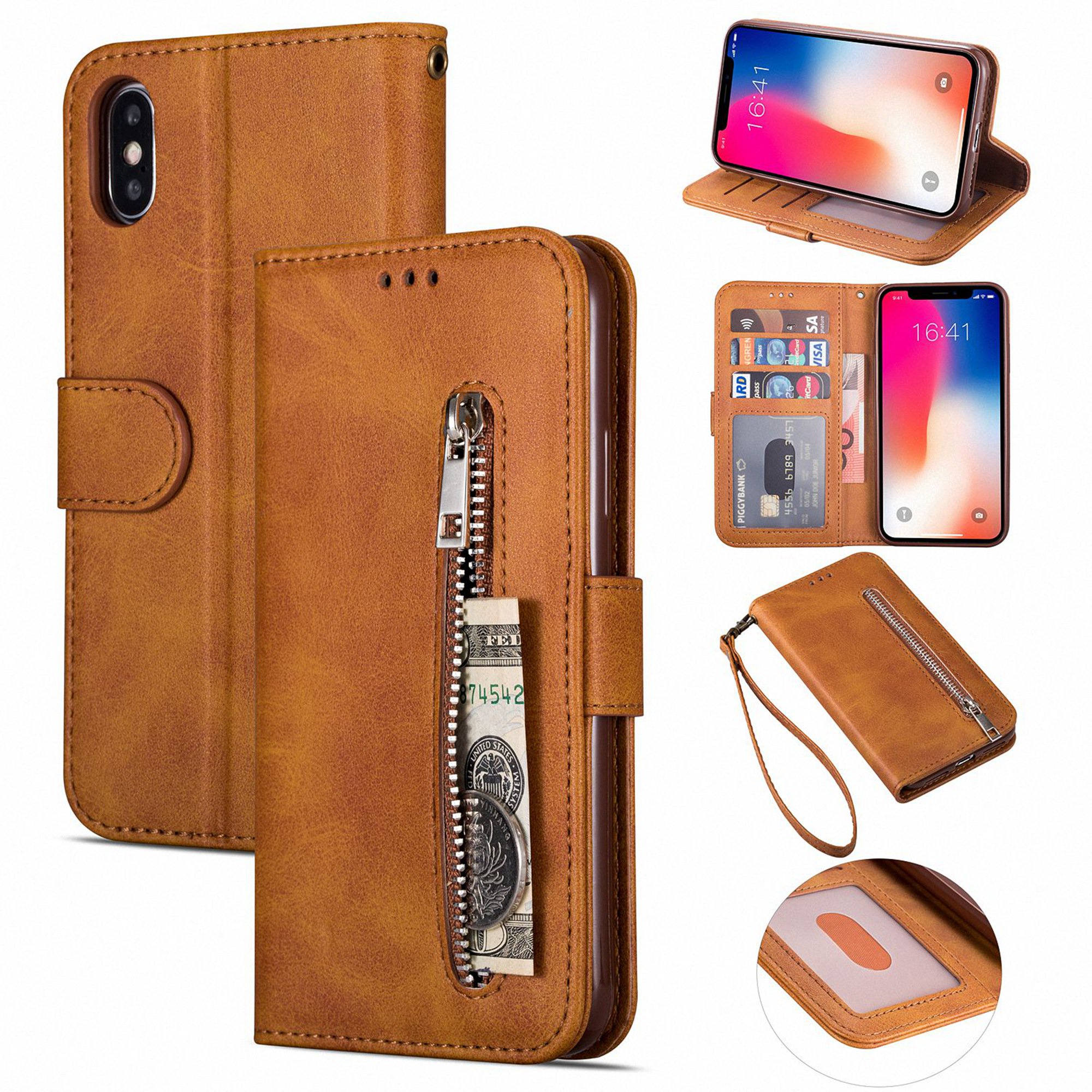 Iphone Xr Zipper Wallet Case Dteck Pu Leather Credit Card Holder Slot Case With Money Pocket Protective Cover With Hand Strap Compatible For Apple Iphone Xr Brown Walmart Com Walmart Com