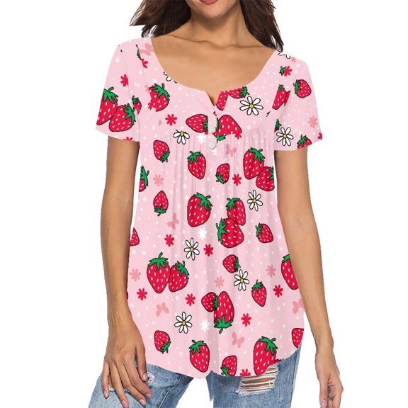Chririnla Cute Strawberry Tops for Women Short Sleeve Womens Blouses Dressy Casual T Shirts Trendy Ladies Summer Tops 2026
