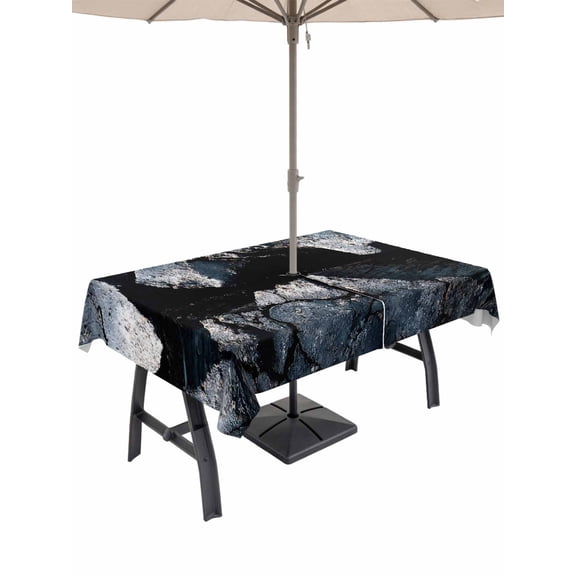 Outdoor Tablecloth with Umbrella Hole for Patio/Picnic/Party/Camping, Black Broken Stone Waterproof Table Cloth Rectangle Table Cover Washable, Modern Deep Cracks Artistic (60"x 120")
