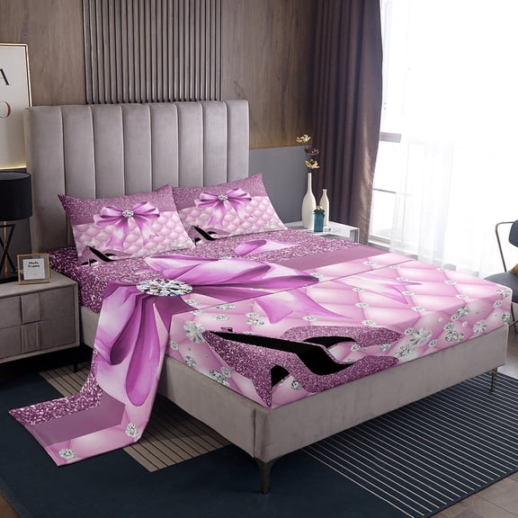 Erosebridal High Heels Bowknot Sheet Set Twin,Bling Crystal Bedding Sets Twin Size,Super Cozy Bed Sheets Twin,Glitter Decoration,3pcs