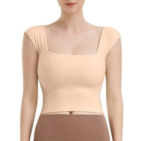 Yindaity Evening Dress Style Sports Bra Square Neck Sports Bra Tight Yoga Vest Women s Sports Short Sleeve Yoga Dress (Beige XL)